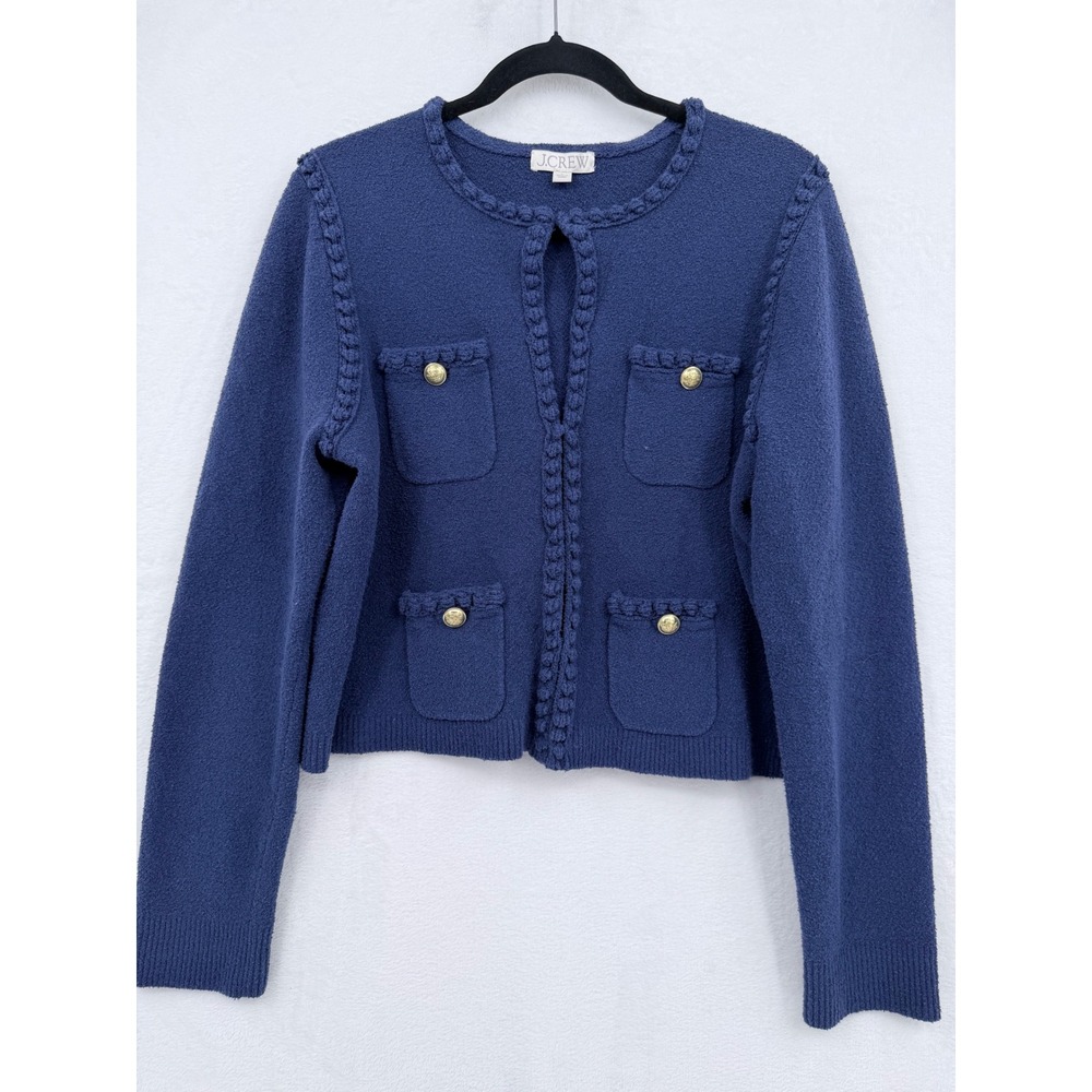J.Crew Blue Boucle Lady Jacket Cardigan Braided Trim Gold Buttons L Old Money